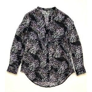 Express Women’s Floral Sheer Top Long Sleeve Roll Tab Front Button Size Medium